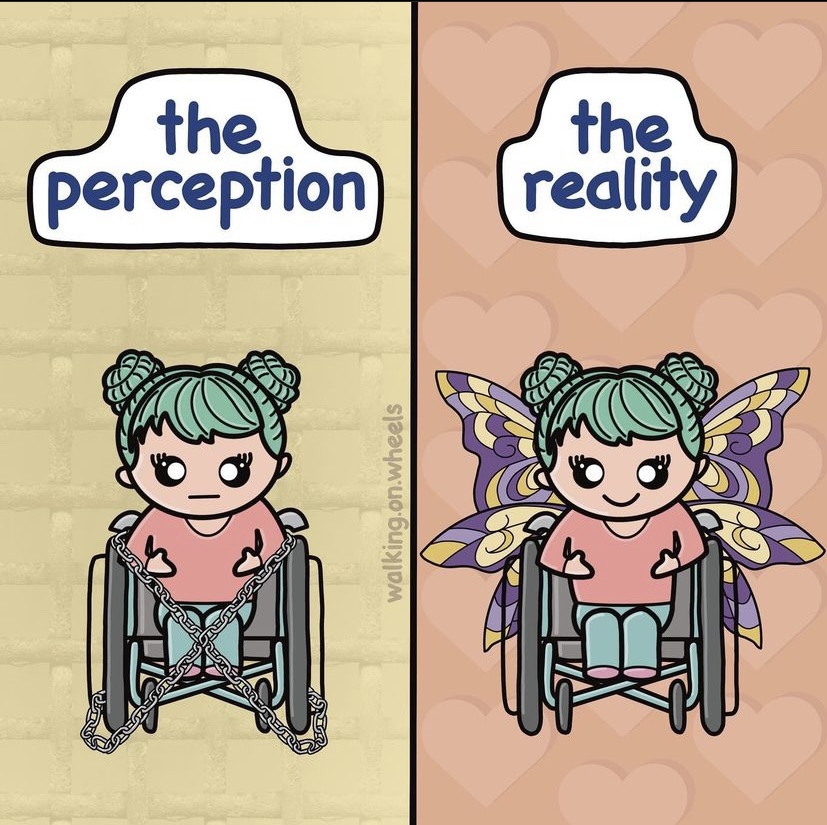 The picture is divided in half by a black line. On the left, a sad looking white kawaii style character with green space buns, a pink jumper, and blue trousers sits in a wheelchair. They are shackled to the chair by chains. Above, in a white bubble are blue words saying “the perception”. The background is a dirty yellow with chain link fence effect. On the right side of the black line is the same character in their wheelchair. This time, there are no chains. Instead they have beautiful purple and yellow wings, and they are smiling. The writing above the character says “the reality” on this side. The background is orange with a slightly lighter overlay of columns of repeating love hearts.